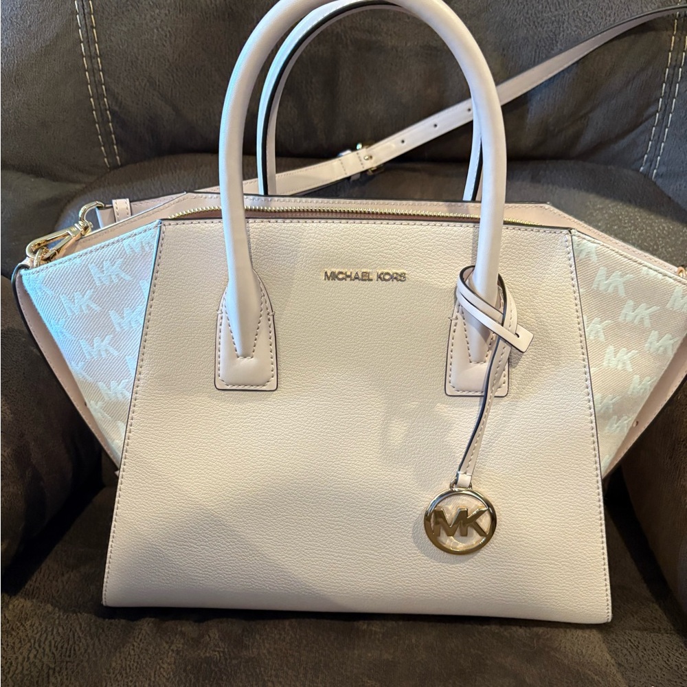 Michael Kors White and light pink Satchel with crossbody strap.